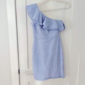 J.CREW | seersucker ruffled one shoulder striped dress 100% cotton 00